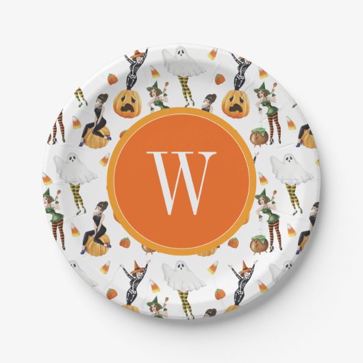 水色ハロウィーンファッション女の子ウィッチモノグラム ペーパープレート (正面)