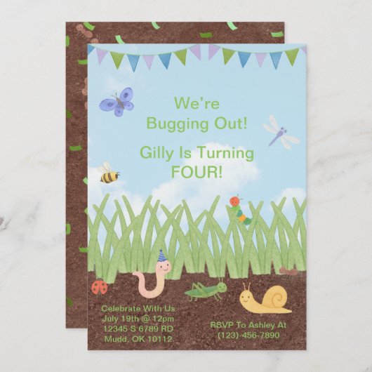 水色バグをテーマにした誕生日招待状 子供へ 招待状 (正面/裏面)