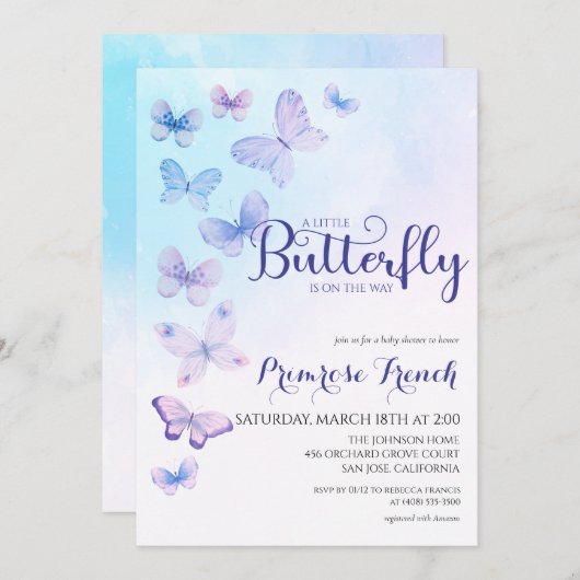 水色バタフライエレガントスクリプトベビーシャワー 招待状 (正面/裏面)