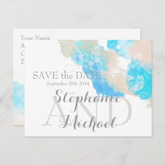 水色バタフライ海ショア日付を保存 案内ポストカード (正面/裏面)