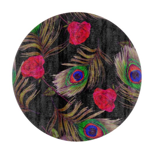 水色バラ、孔雀の羽、装飾。 カッティングボード (正面)