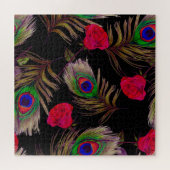 水色バラ、孔雀の羽、装飾。 ジグソーパズル (横)