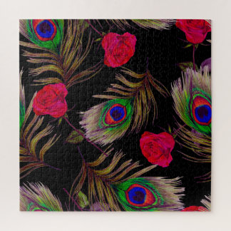 水色バラ、孔雀の羽、装飾。 ジグソーパズル