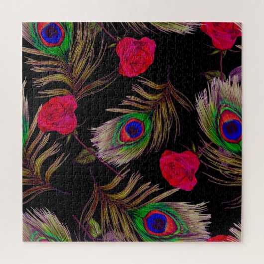 水色バラ、孔雀の羽、装飾。 ジグソーパズル (縦)