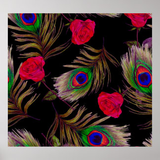 水色バラ、孔雀の羽、装飾。 ポスター