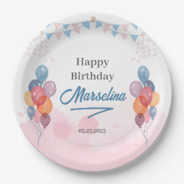水色バルーンガールバースデーパーティー紙プレート ペーパープレート