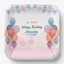 水色バルーンガールバースデーパーティー紙プレート