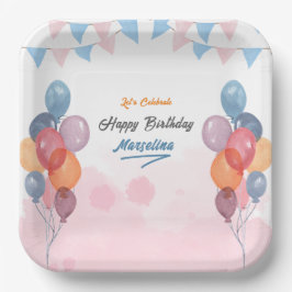 水色バルーンガールバースデーパーティー紙プレート ペーパープレート