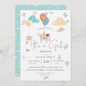 水色バルーンパピーベビーガールシャワー 招待状 (正面/裏面)