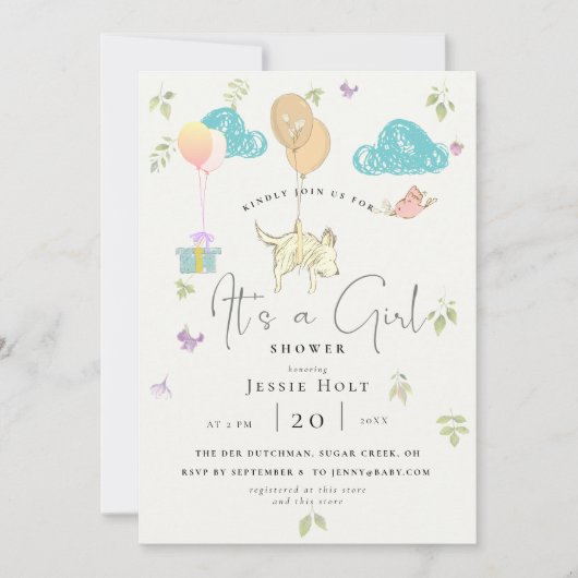 水色バルーンパピーベビーガールシャワー 招待状 (正面)