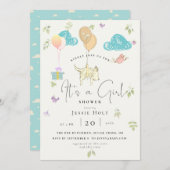 水色バルーンパピーベビーガールシャワー 招待状 (正面/裏面)
