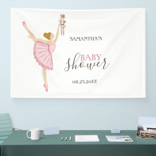 水色バレリーナくるみ割りピンクベビーシャワー 横断幕 (トレードショー)
