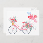 水色バレンタインピンクのバイクとハートバルーン シーズンポストカード (正面/裏面)