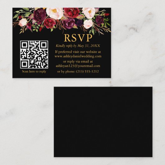 水色バーガンディフローラQRウェディングRSVPブラック エンクロージャーカード (正面/裏面)