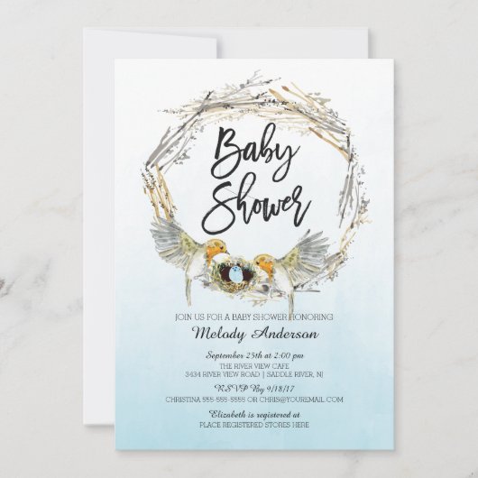 水色バードネストボーイズ赤ちゃんシャワー招待状 招待状 (正面)