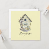 水色バードハウス卵ネストイースター カード (正面/裏面インサイチュ)