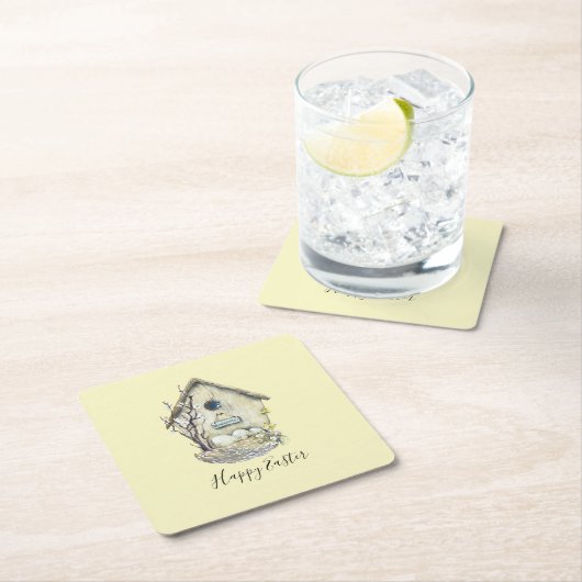 水色バードハウス卵ネストイースター スクエアペーパーコースター (インサイチュ)