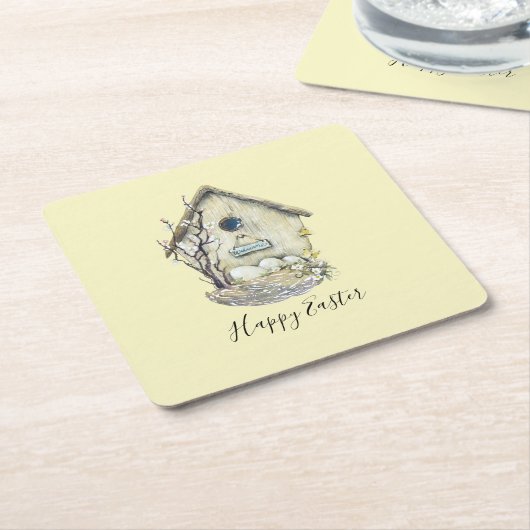 水色バードハウス卵ネストイースター スクエアペーパーコースター (アングル)
