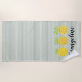 水色パイナップルトリオと緑のピンストライプ ビーチタオル (正面)