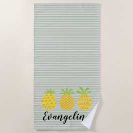 水色パイナップルトリオと緑のピンストライプ ビーチタオル