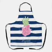 水色パイナップルトロピカルネイビーブルーストライプの エプロン (正面)