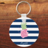 水色パイナップルトロピカルネイビーブルーストライプの キーホルダー (正面)
