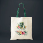 水色パイナップル夏トロピカル トートバッグ<br><div class="desc">水の色かわいらしのパイナップルと熱帯の花を特徴とする夏のトートバッグ。自分の名前でカスタマイズする。Blackberry Boulevardによって設計。</div>