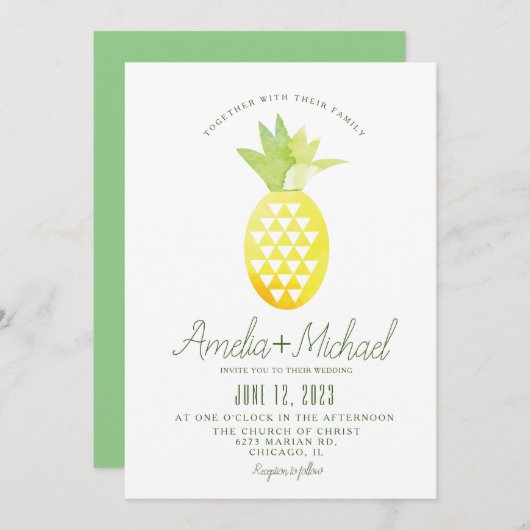 水色パイナップル幾何結婚熱帯 招待状 (正面/裏面)