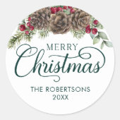 水色パインコーンスクリプトメリークリスマスグリーン ラウンドシール (正面)