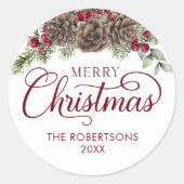 水色パインコーンスクリプトメリークリスマス ラウンドシール (正面)