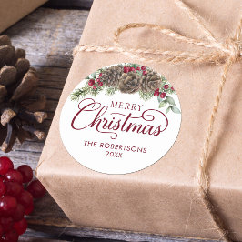 水色パインコーンスクリプトメリークリスマス ラウンドシール