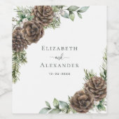 水色パインコーン緑の冬の結婚式 ワインラベル (シングルラベル)