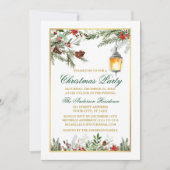 水色パインズポインセチア金ゴールドクリスマスパーティー 招待状 (正面)