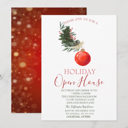 水色パインツリーブランチ、レッドボールオープンハウス 招待状 (正面/裏面)