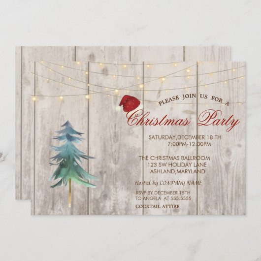 水色パインツリー、ライトウッドクリスマスパーティー 招待状 (正面/裏面)