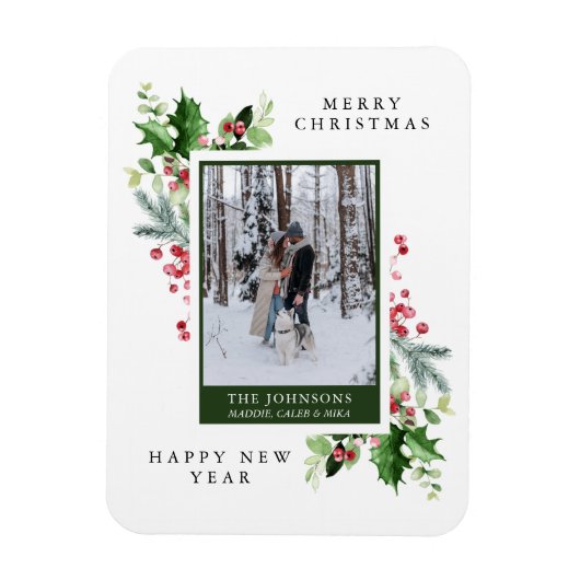 水色パインホリーベリー写真クリスマスカード マグネット (縦)