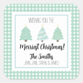 水色パステルツリークリスマスファミリーギフトラベル スクエアシール