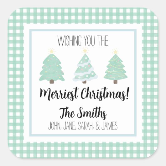 水色パステルツリークリスマスファミリーギフトラベル スクエアシール (正面)