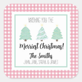 水色パステルツリーファミリークリスマスギフトラベル スクエアシール