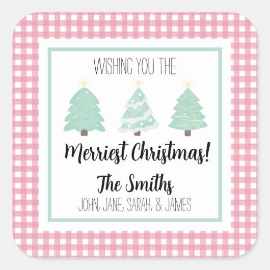 水色パステルツリーファミリークリスマスギフトラベル スクエアシール (正面)