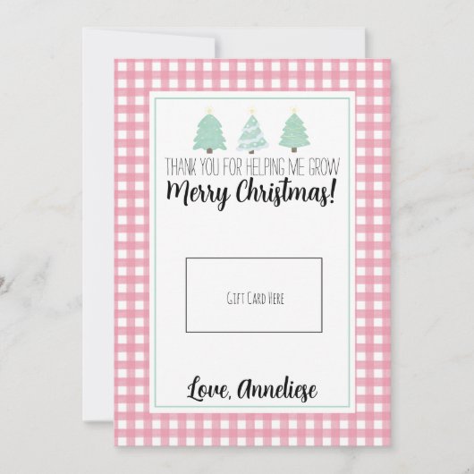 水色パステルツリー先生クリスマスギフトカード サンキューカード (正面)