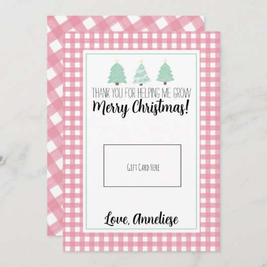 水色パステルツリー先生クリスマスギフトカード サンキューカード (正面/裏面)