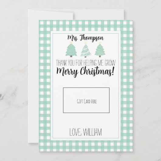 水色パステルツリー先生クリスマスギフトカード サンキューカード (正面)