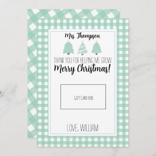 水色パステルツリー先生クリスマスギフトカード サンキューカード (正面/裏面)