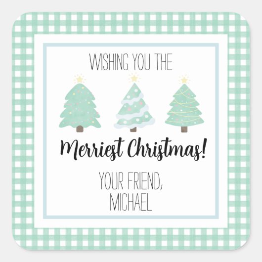 水色パステルツリー先生クリスマスギフトカード スクエアシール (正面)