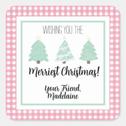 水色パステルツリー先生クリスマスギフトカード スクエアシール (正面)