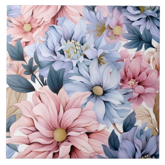 水色パステルピンクとブルー開花 タイル (正面)