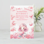 水色パステルピンクの小さな人魚の誕生日 招待状 (スタンド正面)