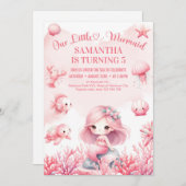 水色パステルピンクの小さな人魚の誕生日 招待状 (正面/裏面)