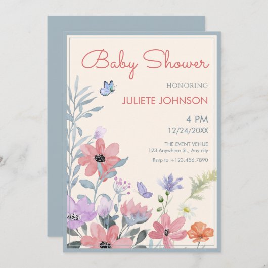 水色パステルフラワーバタフライベイビーシャワー 招待状 (正面/裏面)